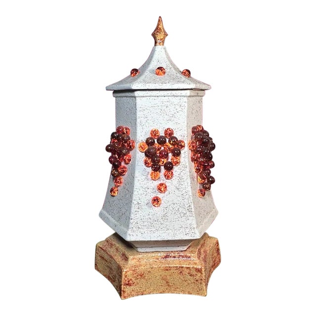 Vintage 1960’s American Mid Century Modern Ceramic/Glass Grape Clusters Pagoda-Style Paneled Table Lamp For Sale