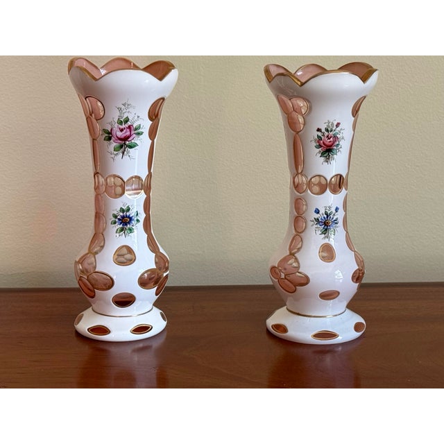 Pair of Antique Bohemian White & Pink Cased Art Glass Vases With Hand-Painted Floral Decoration For Sale In New York - Image 6 of 12