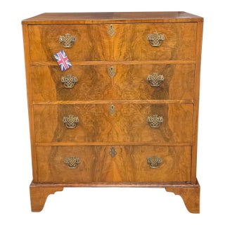Early 20th Century English Burl Walnut 4 Drawer Chest With Brass Handles on Bracket Feet For Sale
