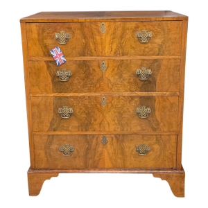 Early 20th Century English Burl Walnut 4 Drawer Chest With Brass Handles on Bracket Feet