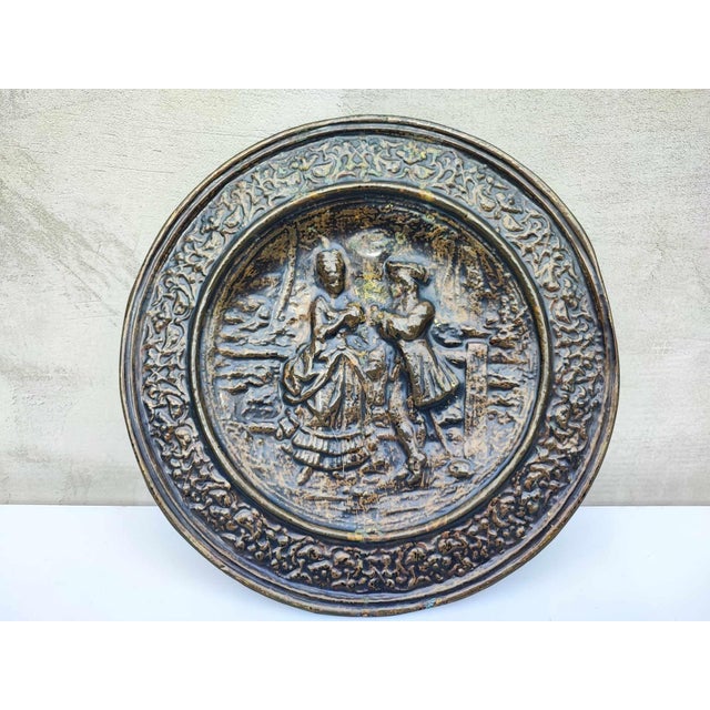 Metal Art Deco Decorative Brass Plate with Copper Engraving, 1930s For Sale - Image 7 of 7