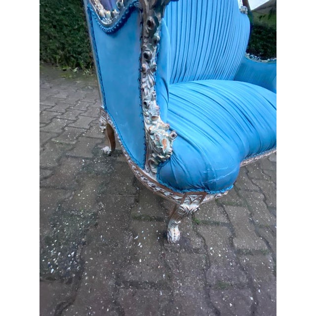Cream 1970 French Louis XVI Pastel Beech Blue Velvet Settee For Sale - Image 8 of 15