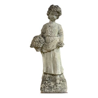 Reconstituted Stone Garden Statue Depicting a Young Woman with a Basket, 1970s For Sale