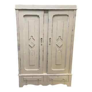 Antique Hand Painted Armoire Wardrobe Old Ochre New Hardware Drawers Shelves For Sale