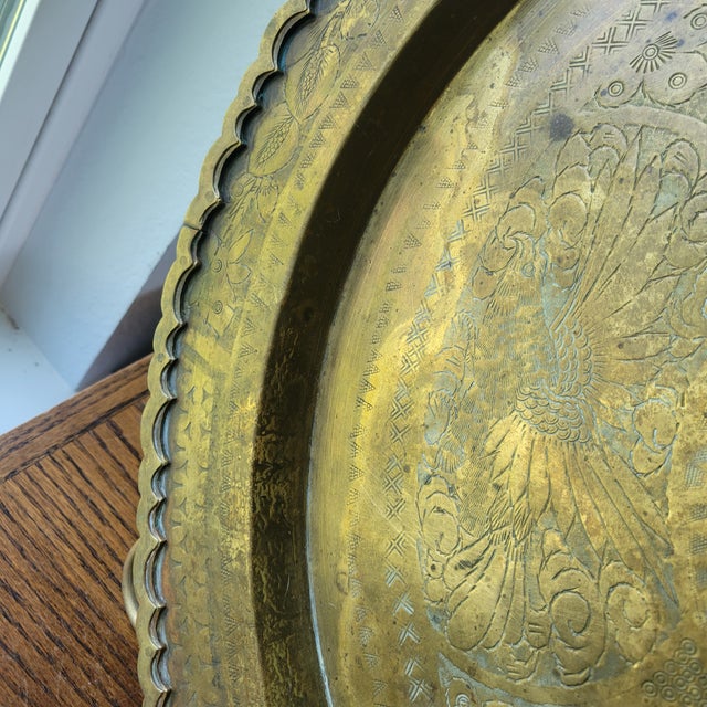 Lg VTG Oriental Brass Serving Tray or Wall Decor Hong Kong W/Hanger + Stand Boho For Sale - Image 6 of 13