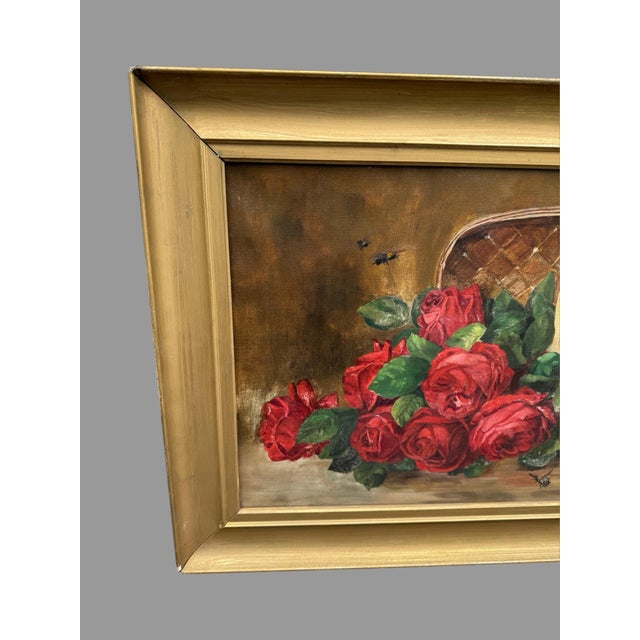 Antique Victorian Still Life Oil Painting on Canvas Basket of Roses with Bees An antique oil on canvas painting, dating to...