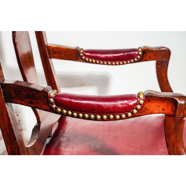 Beautiful English Antique Carved Wood Walnut Desk Arm Chair Leather Seat For Sale - Image 16 of 18