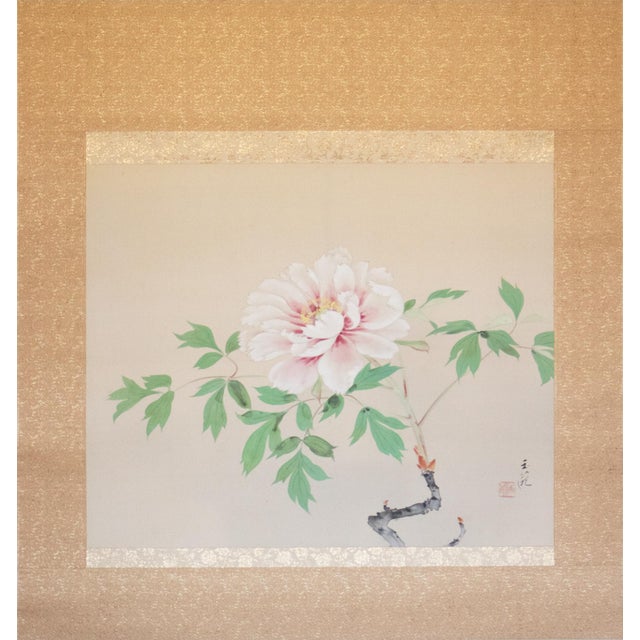 Beautiful large Japanese silk scroll painting of Peony Flower, a classic subject in Japanese Nihonga. Peony is a symbol of...