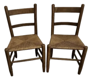 1950s Pair of Handcrafted Oak and Woven Rush Chairs, Northern Michigan, Mackinac Amish Joinery