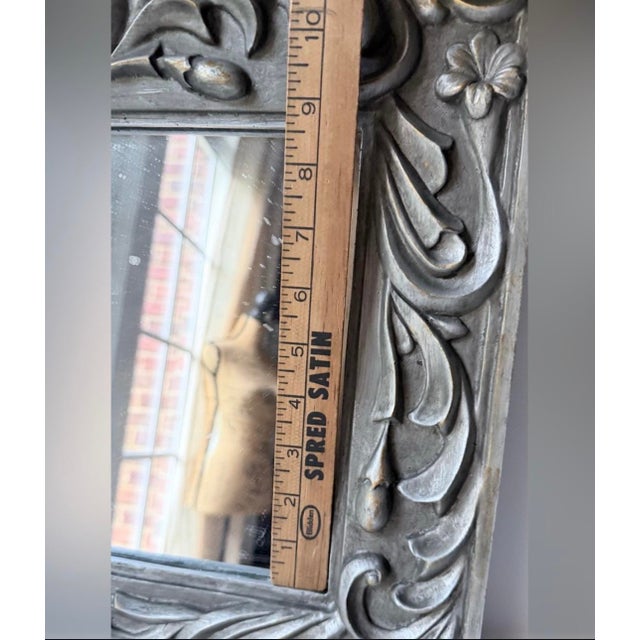 Glass Decorative Floral Carved Square Wall Mirror - Silver Gray For Sale - Image 7 of 8