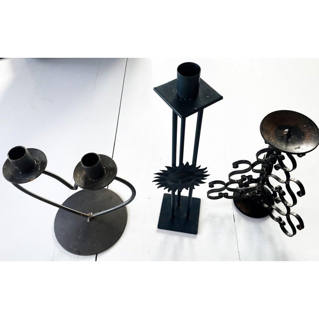 Set of metalwork candle holders, 1980s. 1). Candle holder with a sun face (dark turquoise) Rustic / Spanish /...