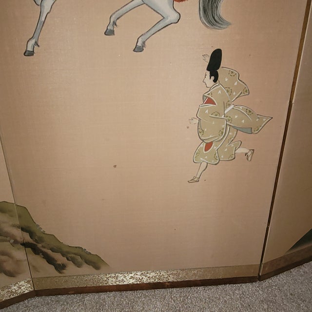 Mid-20th Century Japanese 4-Panel Silk Brocade Byōbu Screen - "Tale of Genji" Scene For Sale - Image 12 of 12