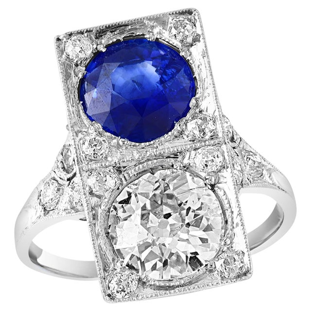 GIA CEYLON Blue Sapphire & Old Minor 3 CT Diamond Cocktail Ring Platinum Estate For Sale - Image 15 of 18