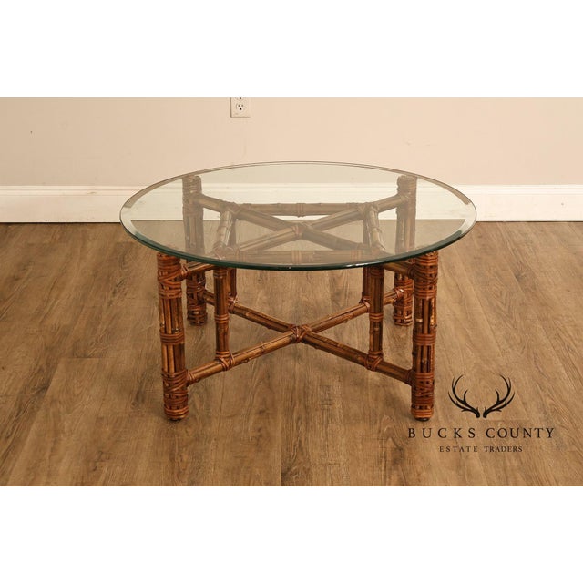 McGuire Bamboo And Rattan Round Glass Top Coffee Table For Sale In Philadelphia - Image 6 of 16