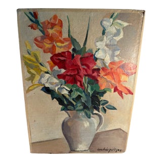 Vintage, French Oil on Board, Floral Painting For Sale