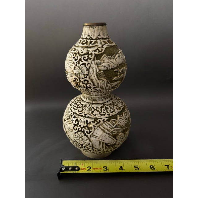 Ivory Vintage Chinese Style Carved White Cinnabar Resin Double Gourd Vase Faux Ivory For Sale - Image 8 of 8