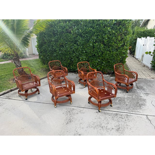 Vintage Sunburst Rattan Swivel Armchairs on Casters, Set of 6 For Sale - Image 18 of 18