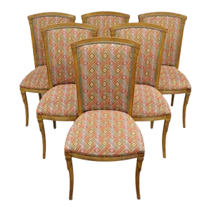 Late 20th Century French Art Deco Style Carved Wood Red Upholstered Dining Side Chairs - Set of 6