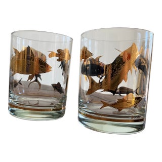 Mid 20th Century Game Fish in 22kt Gold Lowball Glasses-Set of 2 For Sale