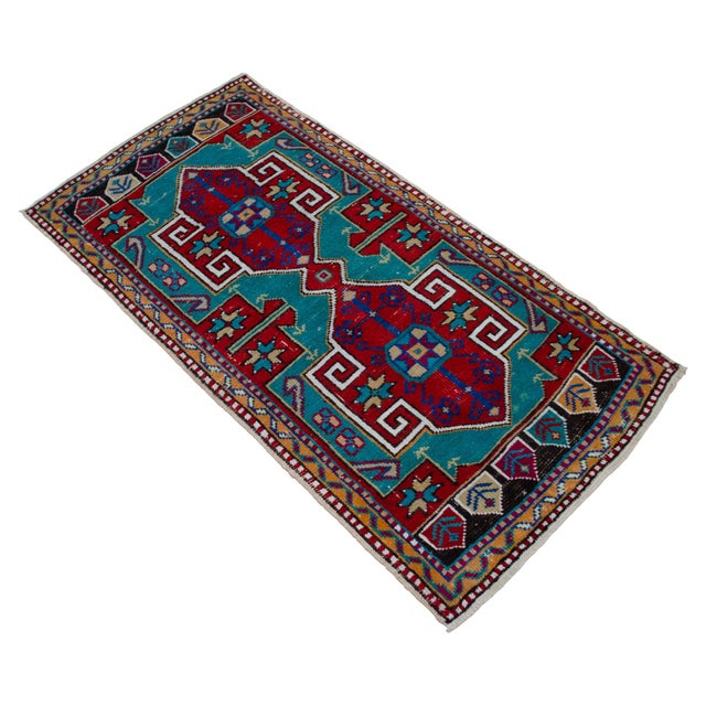 1960s 1960s Vintage Small Turkish Rug Turquoise Kitchen Bathtoom Entry Decor 2x4 Ft Approx For Sale - Image 5 of 13
