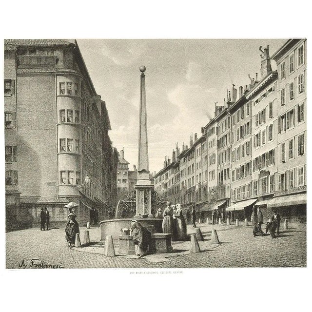 Interieur de Geneve. Fontaine et Rue de Coutance - Lithograph by A. Fontanesi 1854 For Sale - Image 3 of 3