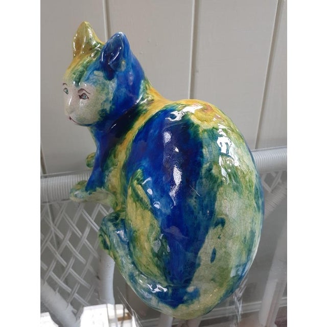 1960s Mid-Century Italian Majolica Cat Sculpture in Blue & Green Glaze For Sale - Image 5 of 8