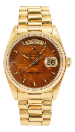 Vintage Rolex Day Date 36mm 18038 Walnut Birch Wood Dial Bark 18k Gold Watch
