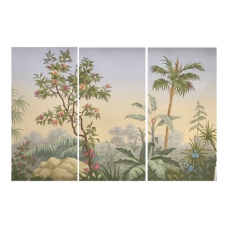 36" * H96" * 3ps, Hand-Painted French Retro Tropical Jungle Floral & Bird Wall Mural, Soft Mist Botanical Wallpaper For Sale
