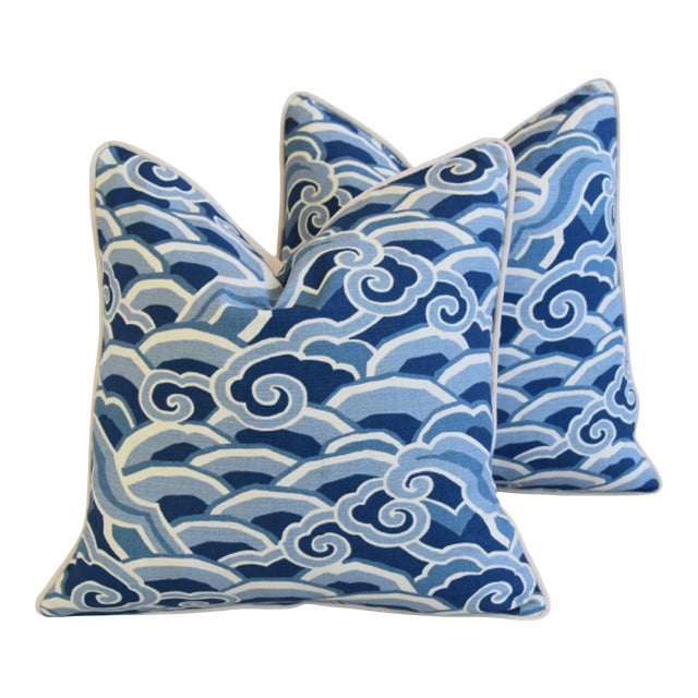 Kravet Coastal Nautical Wave Feather/Down Pillows 24" Square - Pair For Sale