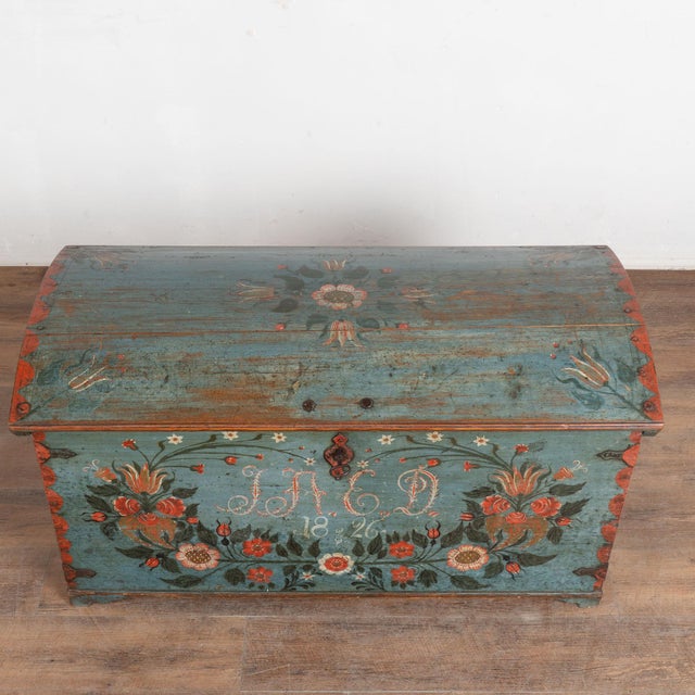 Early 19th Century Original Swedish Dome Top Hand Painted Blue Pine Trunk Dated 1826 For Sale - Image 5 of 18
