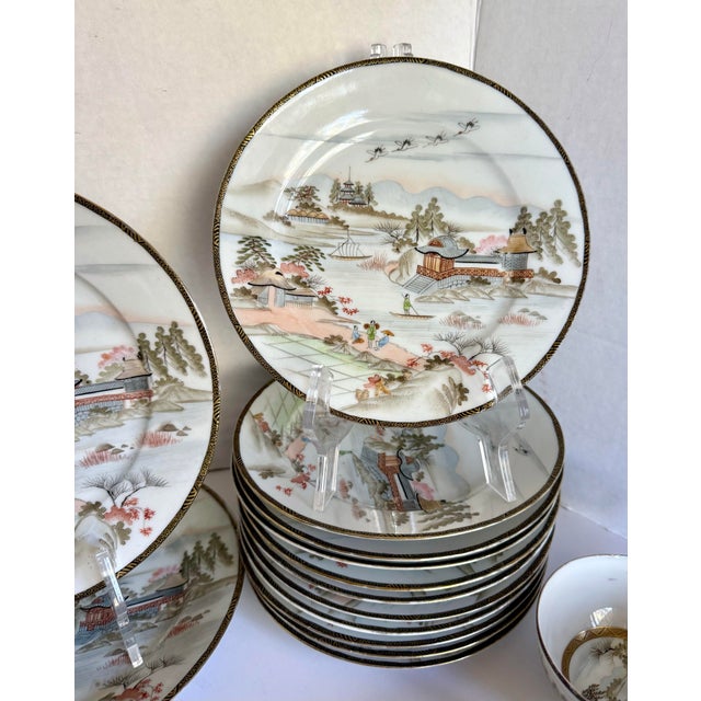 Eggshell 1970s Japanese Hand-Painted Eggshell Porcelain Landscape Luncheon Tea Set - 36 Pieces For Sale - Image 8 of 17