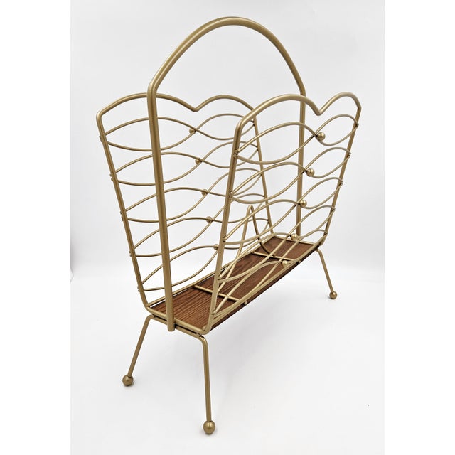 MCM Lacquered Brass & Teak Wood Magazine Lp Newspaper Rack Holder For Sale In Dallas - Image 6 of 10