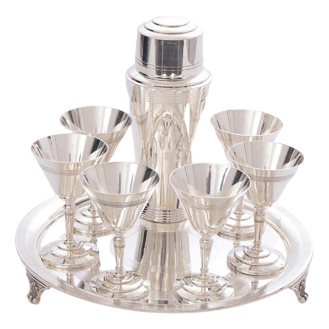 Art Deco Silver-Plated Cocktail Set by Keith Murray for Mappin & Webb, Set of 8 For Sale