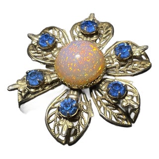 MCM Jewelry “Dragon's Breath" Foilded Back Glass Fire Opal Brooch With Blue Sapphire Crystals in Style of European Makers of West Germany For Sale