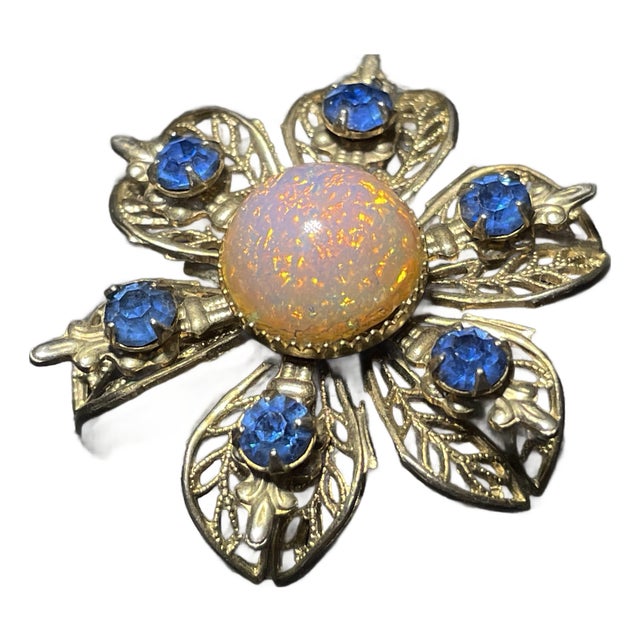 MCM Jewelry “Dragon's Breath" Foilded Back Glass Fire Opal Brooch With Blue Sapphire Crystals in Style of European Makers of West Germany For Sale