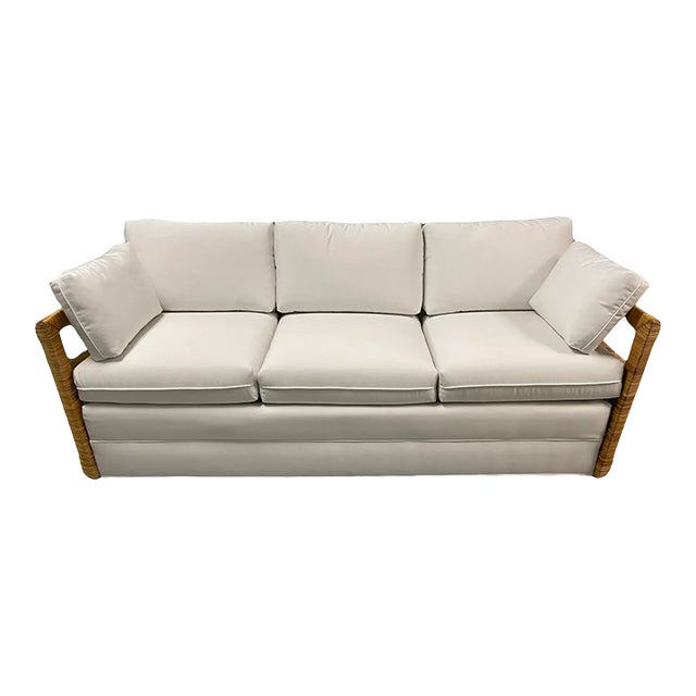 Crespi Style Rattan Sofa With Quadrille Upholstery For Sale