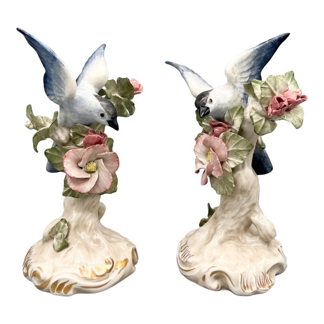 Pair of Vintage English Copeland Porcelain Bird Figurines — Bluebirds With Pink Blossoms — European / Cottagecore / Romantic For Sale