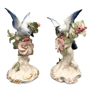 Pair of Vintage English Copeland Porcelain Bird Figurines — Bluebirds With Pink Blossoms — European / Cottagecore / Romantic
