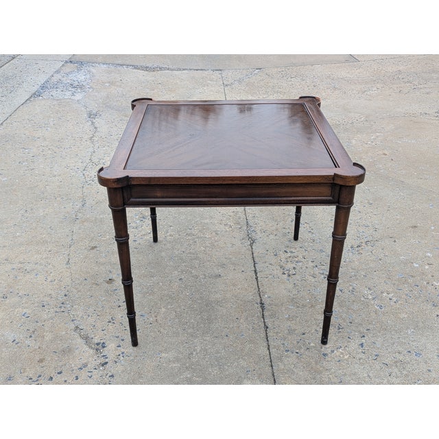 Drexel Fine Carved Mahogany Faux Bamboo Leg Flip Top Game Chess Board Table Circa 1940s For Sale - Image 10 of 10