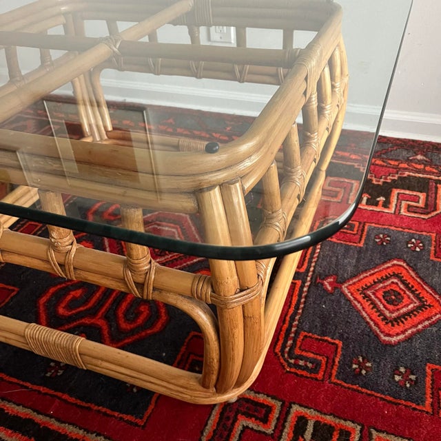 Brown Coffee Table Bamboo & Glass Top Square Circa 1970s Attributed to Ficks Reed For Sale - Image 8 of 8