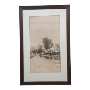 Antique Ernest Christian Rost Country Road Church Winter Landscape Etching 35"