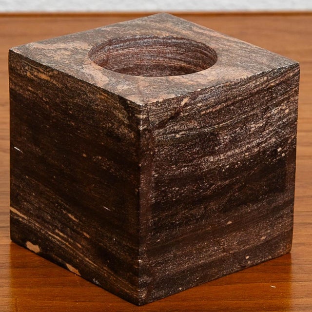 20th Mid Century Modern Art Cubed Marble Candleholders Veins Pair of Two For Sale - Image 4 of 12