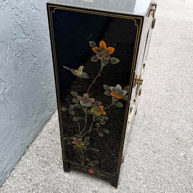 Wood Vintage Chinese Black Lacquered Hand Painted Cabinet For Sale - Image 7 of 11
