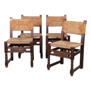 French Wood and Straw-Seated Chairs, 1940s, Set of 4 For Sale