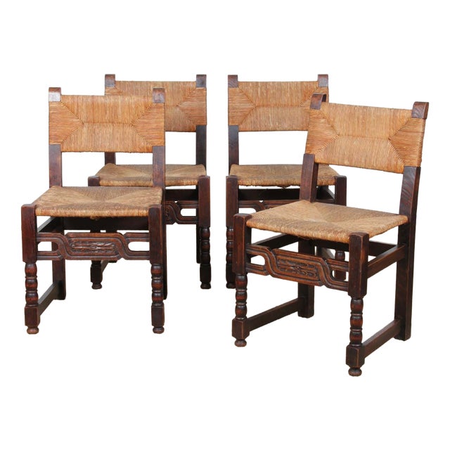 French Wood and Straw-Seated Chairs, 1940s, Set of 4 For Sale