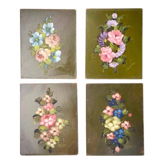 Lot of 4 Original Antique Oil Paintings Floral Still Life on Board For Sale