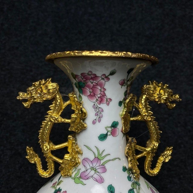 Vintage Gilt Bronze Mounted Porcelain Vase - Famille Rose Floral Motif For Sale - Image 9 of 9