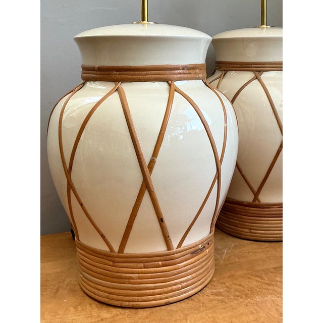 Off-white Vintage Ceramic and Rattan Table Lamps - Pair For Sale - Image 8 of 14