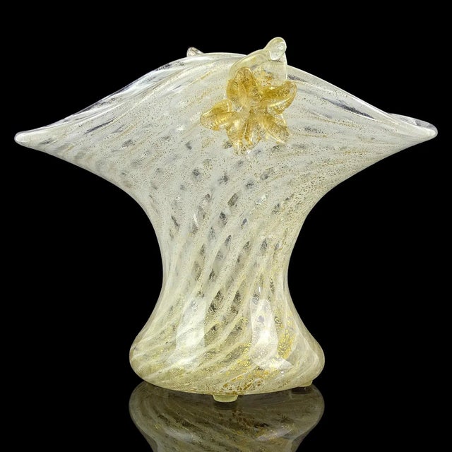 Beautiful and rare, antique Murano hand blown white swirl and gold flecks Italian art glass applied flowers vase. Created...