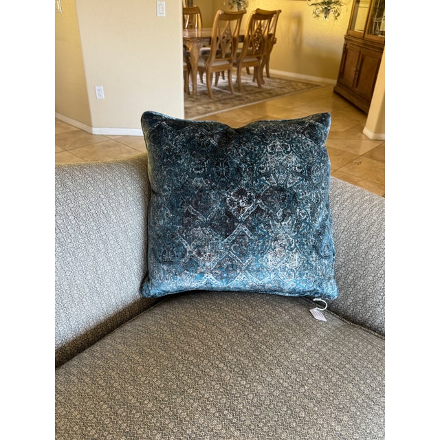 Vintage Reproduction Camelback Newly Upholstered Sofa With Coordinating Custom Blue Velvet Accent Pillows For Sale - Image 11 of 12